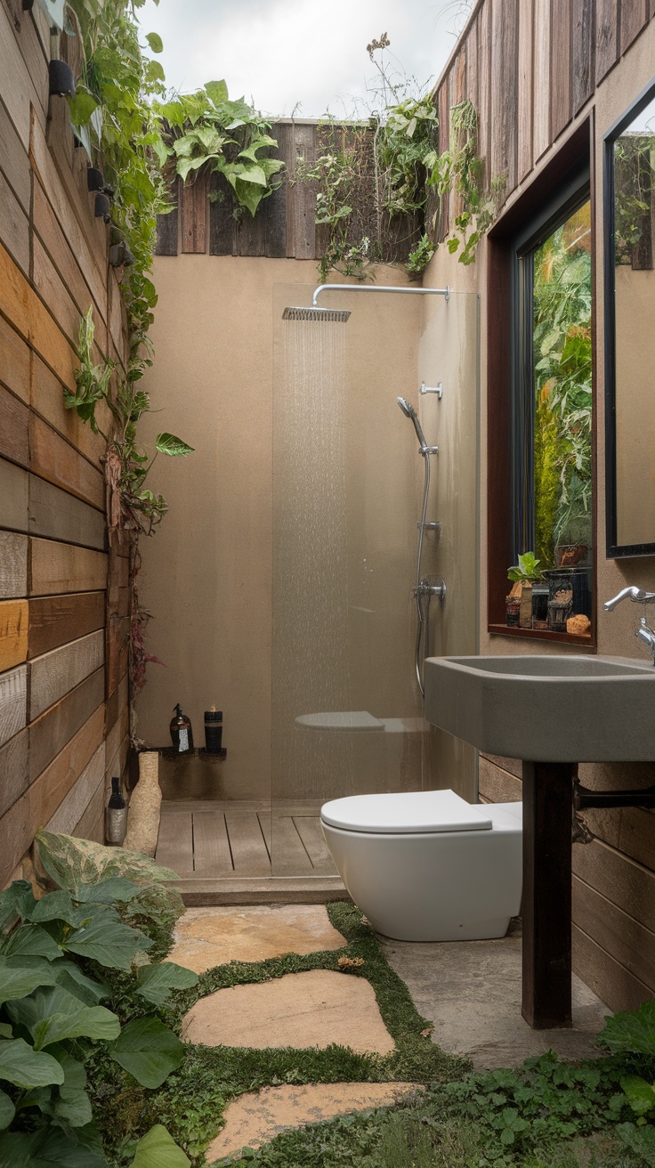 Eco-friendly ensuite shower room with plants, wood, and stone decor.