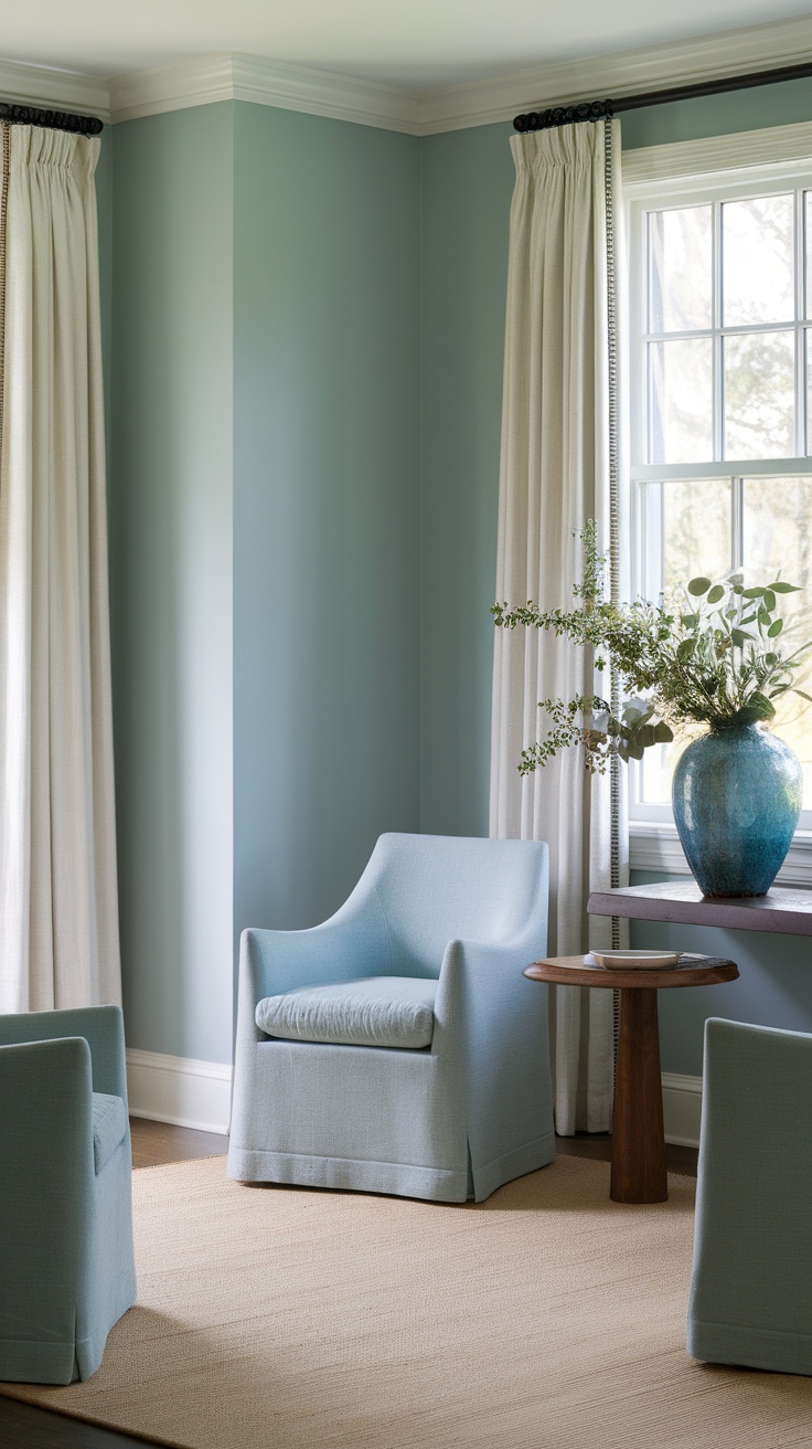 A serene entryway featuring soft blue walls, a cozy chair, a wooden table, and a vase with greenery.