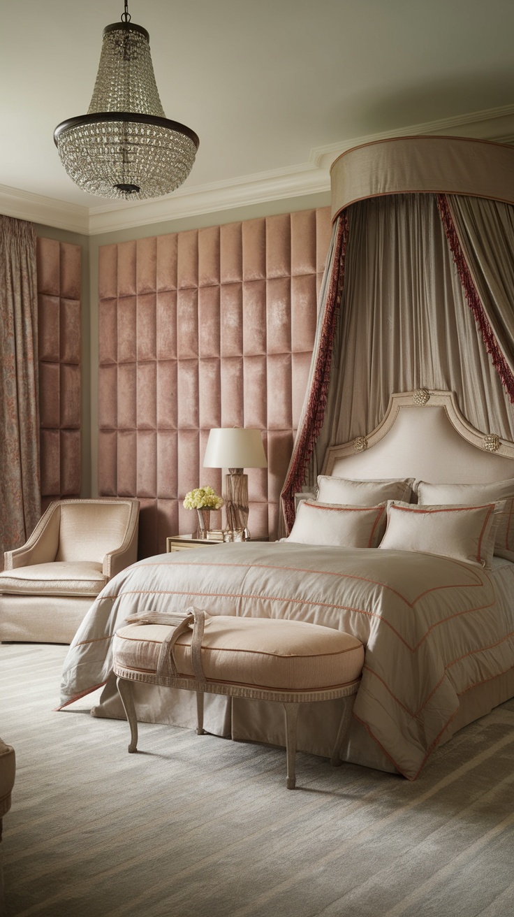 A beautifully designed bedroom with soft fabric wall panels in muted pink tones, elegant bedding, and a chic chandelier.