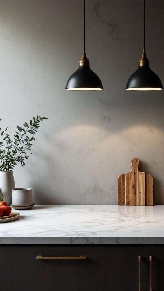 Stylish pendant lights above a marble kitchen countertop with a small plant and wooden cutting board