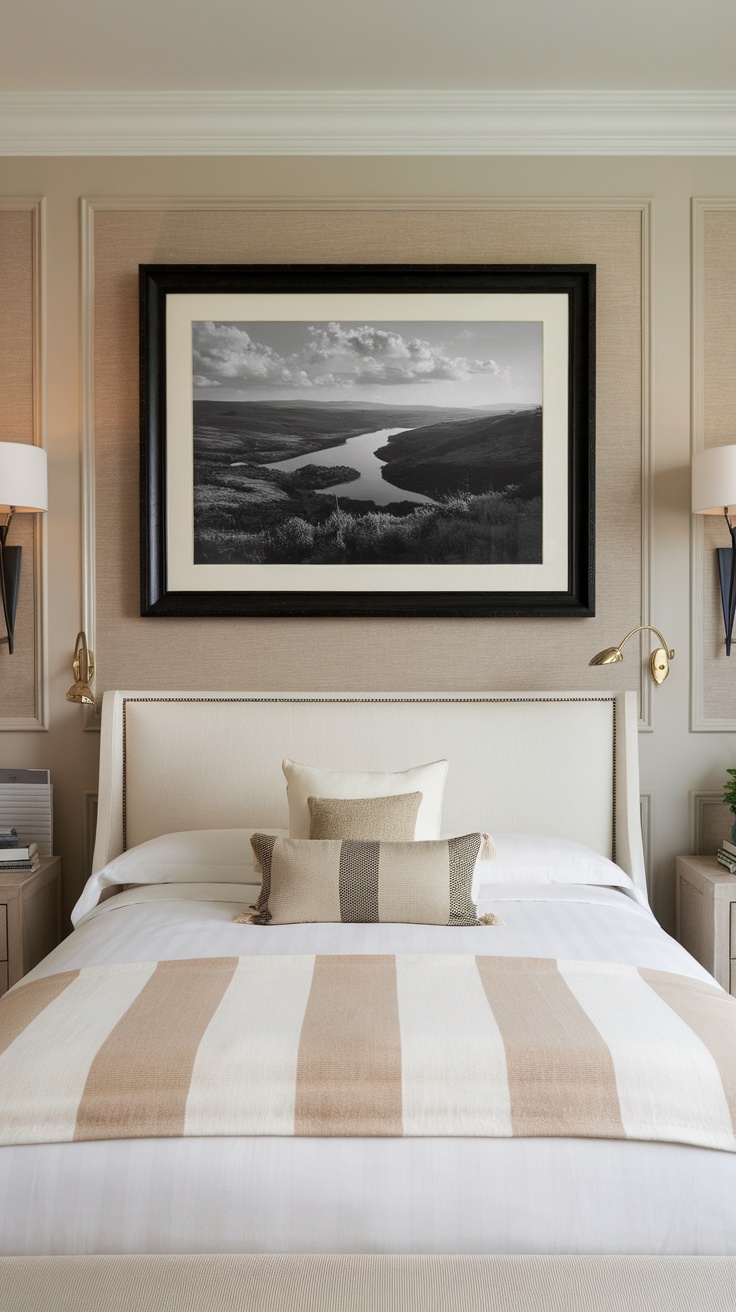 Elegant bedroom featuring a large black-and-white landscape photograph above the bed, with neutral bedding and decor.