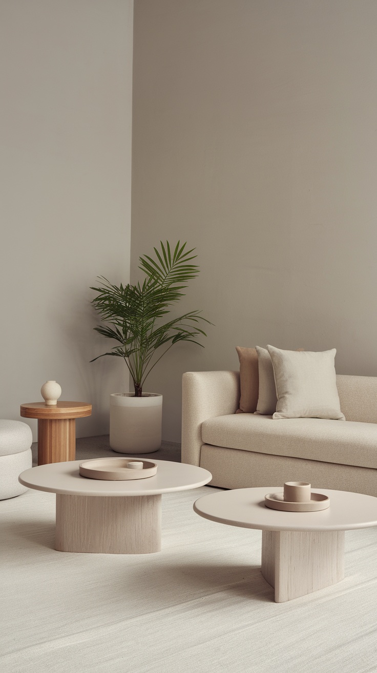 A cozy living room with neutral decor featuring a light beige sofa, minimalist coffee tables, and a green plant.
