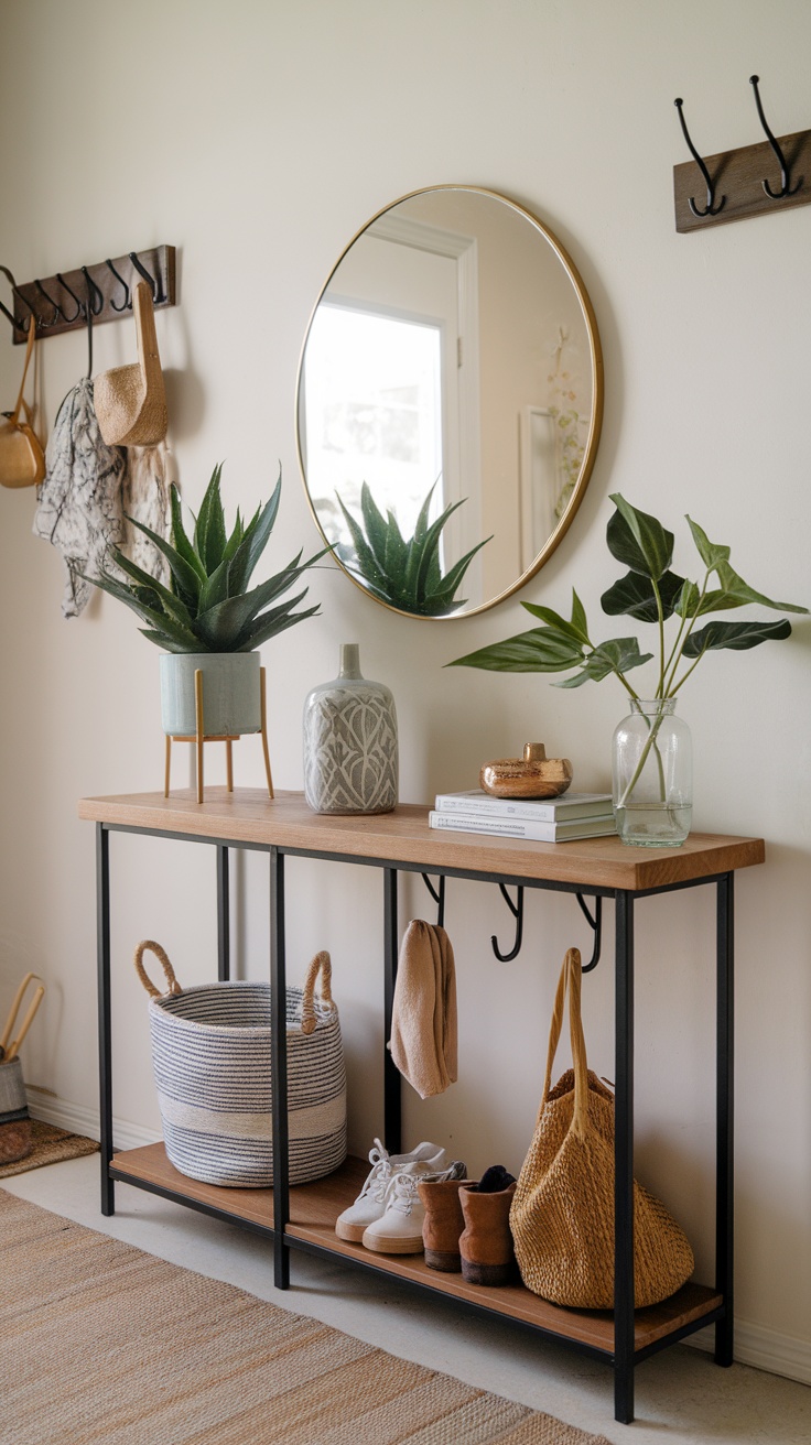 A stylish entryway featuring a wooden console table, a round mirror, plants, and wall hooks.