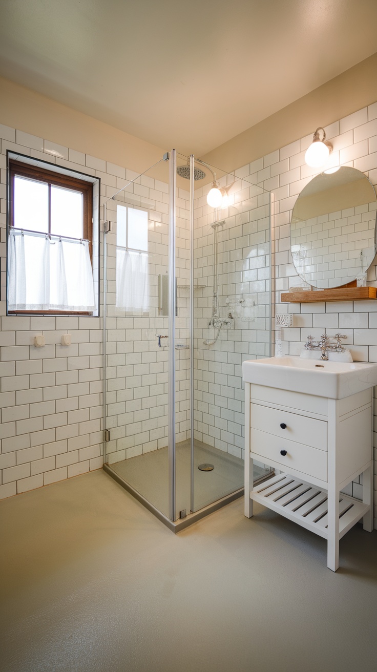 A family-friendly ensuite shower room featuring a glass enclosure, white subway tiles, and a modern vanity with storage.