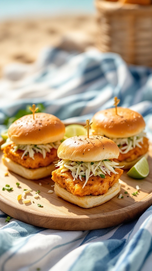 Image of fish taco sliders with cabbage slaw on a wooden platter.