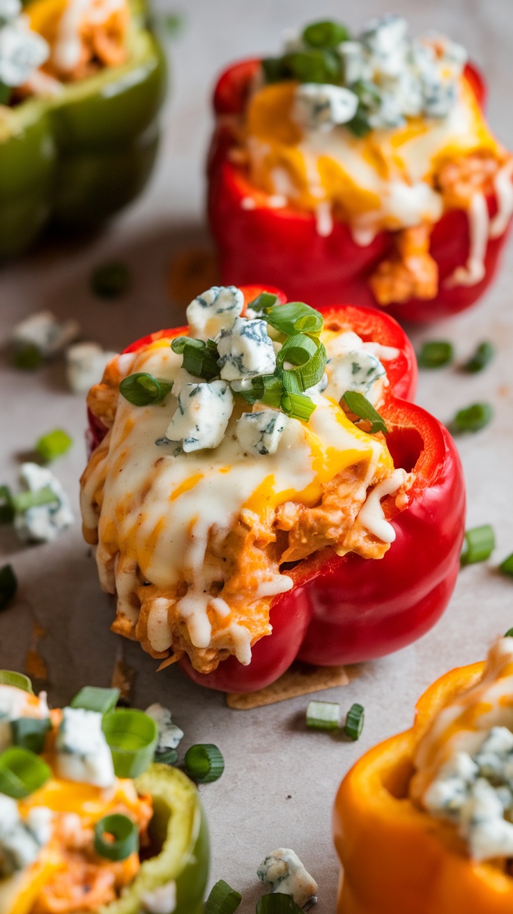 Colorful stuffed bell peppers filled with buffalo chicken, topped with cheese and green onions