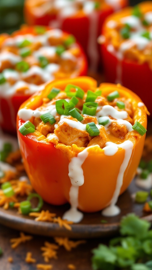 Buffalo chicken stuffed peppers topped with ranch dressing and green onions