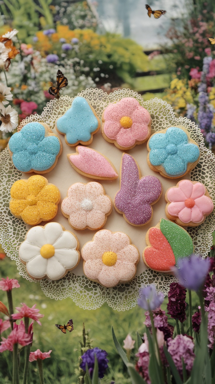 A plate of beautifully decorated floral-themed cookies with edible glitter, featuring various shapes and colors.