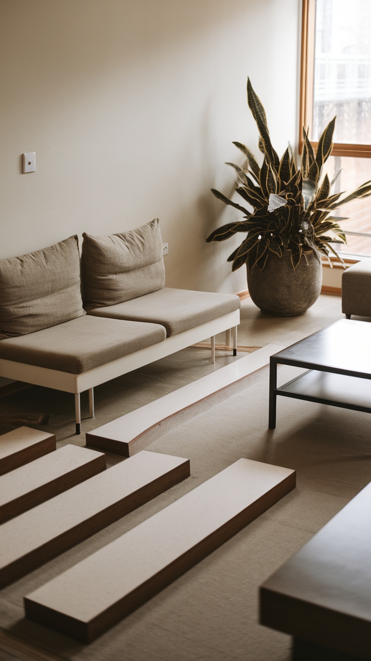 A modern living room setup with a couch, a coffee table, and a large potted plant, illustrating furniture arrangement.