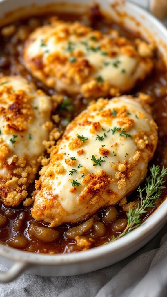 A delicious serving of French onion chicken casserole with melted cheese and crispy topping.