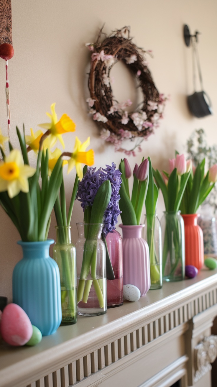 A colorful spring mantel decoration featuring fresh flowers in vases and decorative eggs.