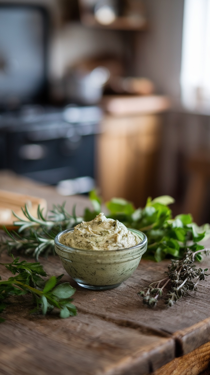 A bowl of fresh herb and garlic spread with herbs around it.