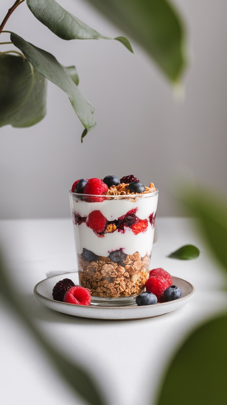 A colorful fruit and yogurt parfait with layers of yogurt, berries, and granola.