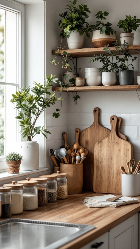 A cozy kitchen countertop with wooden cutting boards, glass jars, utensils, and potted plants.