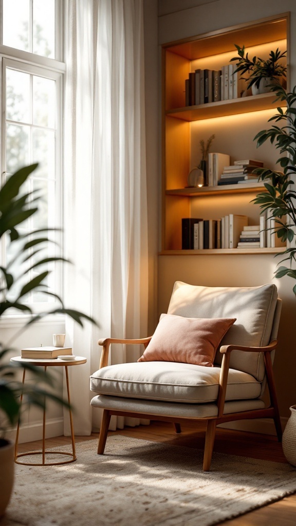A cozy nook featuring a comfortable chair, a side table with a book and a drink, and built-in shelves filled with books and plants.