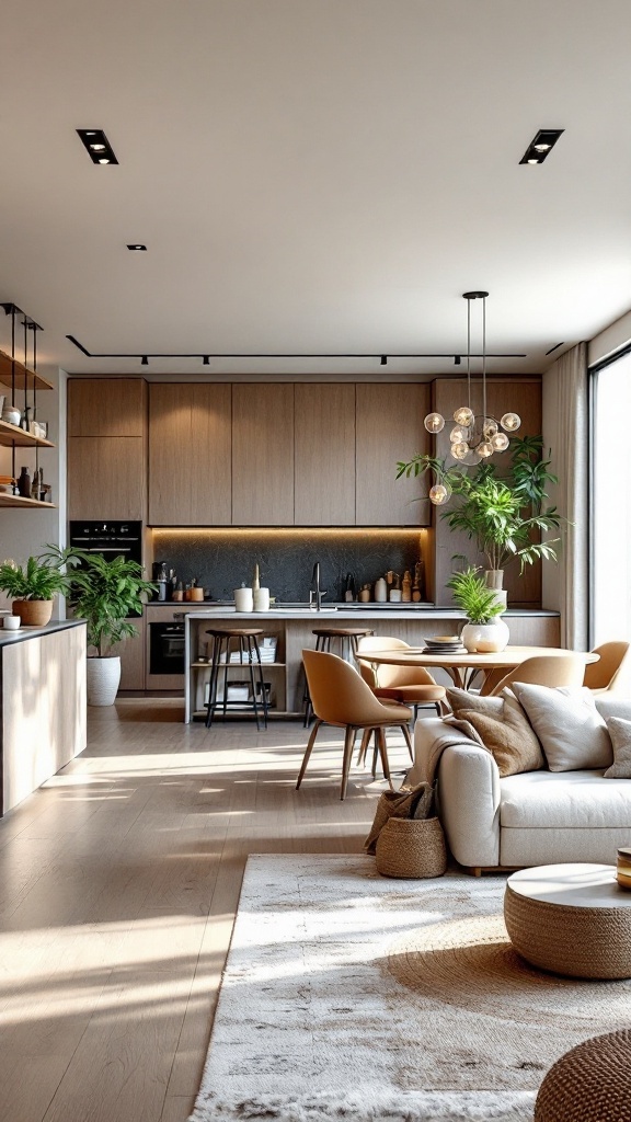 A modern open space featuring a kitchen and living area with neutral colors, natural materials, and quality lighting.