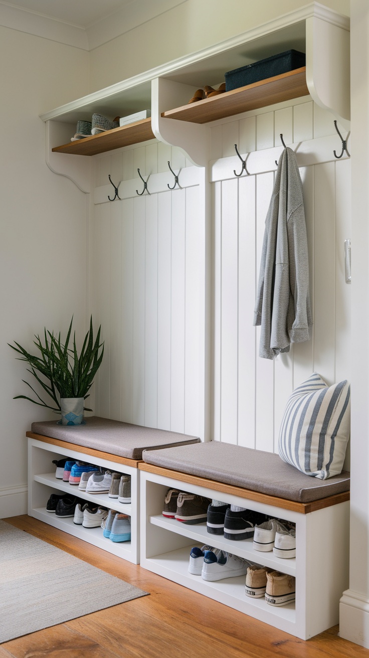 Stylish entryway with functional shoe storage, hooks for coats, and a cozy bench.