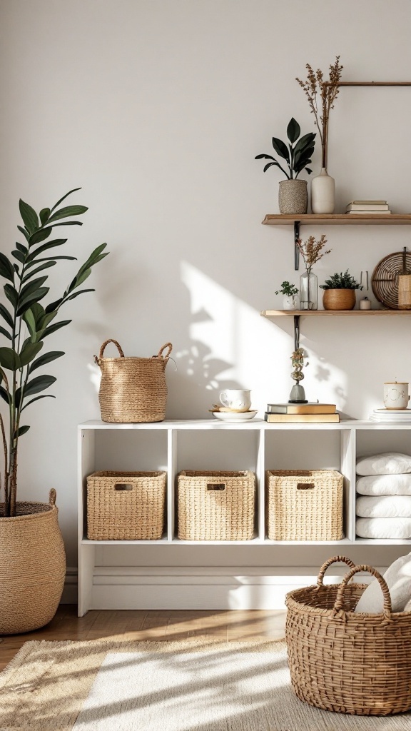 Stylish living room storage solution with woven baskets and decorative plants