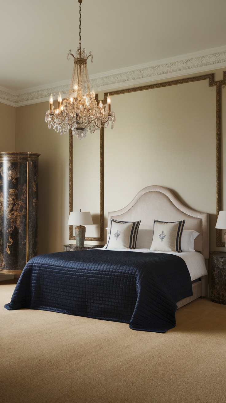 A luxurious bedroom featuring a stunning chandelier above the bed and elegant decor.