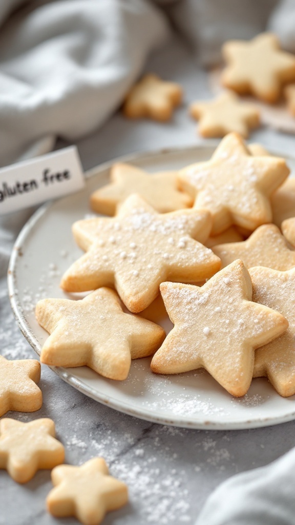 A plate of gluten-free star-shaped sugar cookies dusted with powdered sugar.