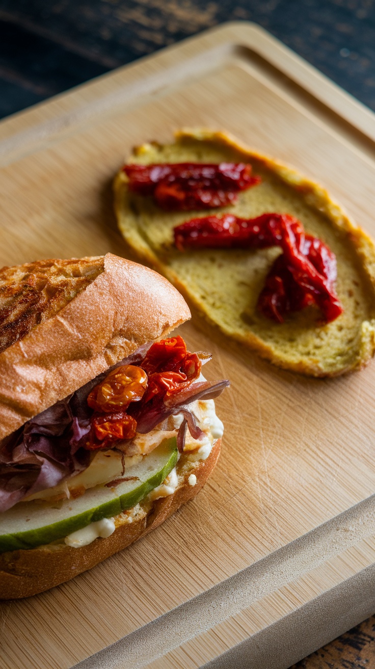 Gourmet Italian sandwich with sun-dried tomatoes, mozzarella, and basil.
