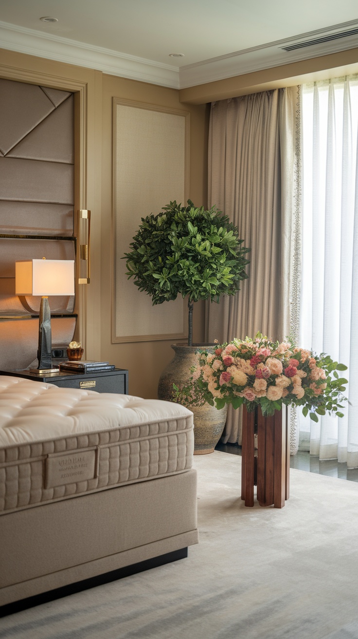A cozy bedroom featuring a potted plant and a floral arrangement on a wooden stand.