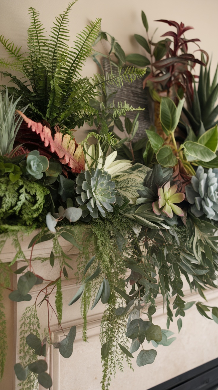 A lush display of greenery on a mantel, featuring various plants like ferns and succulents, creating a fresh spring vibe.