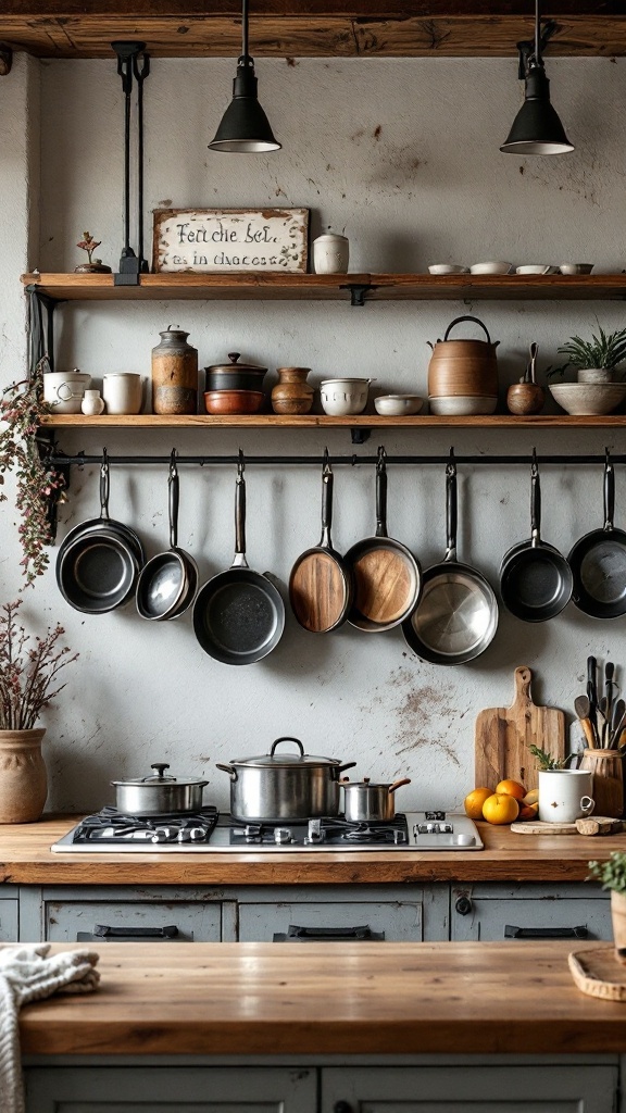 A stylish kitchen featuring a hanging pot rack with various pots and pans, wooden shelves, and a rustic decor.