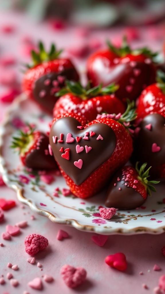 A plate of heart-shaped chocolate covered strawberries decorated with sprinkles, perfect for Valentine's Day.