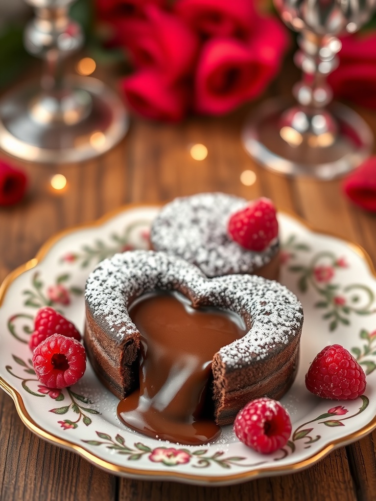 Heart-shaped chocolate lava cakes with molten center, garnished with raspberries on a decorative plate.