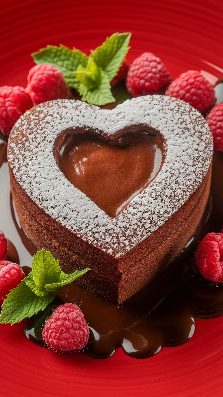 Heart-shaped chocolate lava cake with raspberries and mint leaves on a red plate