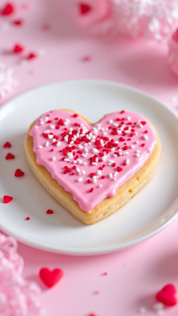 A heart-shaped sugar cookie with pink icing and red and white sprinkles on a white plate.