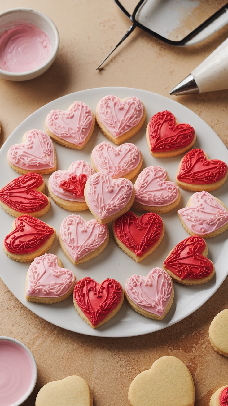 A plate of heart-shaped sugar cookies decorated with royal icing in red and pink colors.