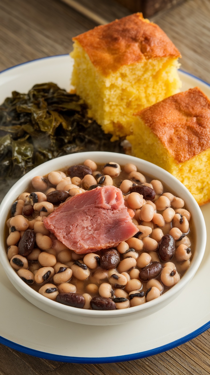 A bowl of hearty black-eyed peas with ham hock, served with cornbread and collard greens.
