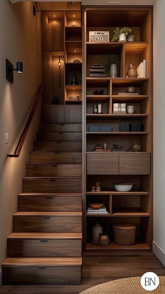 A stylish staircase featuring built-in storage shelves for home organization.