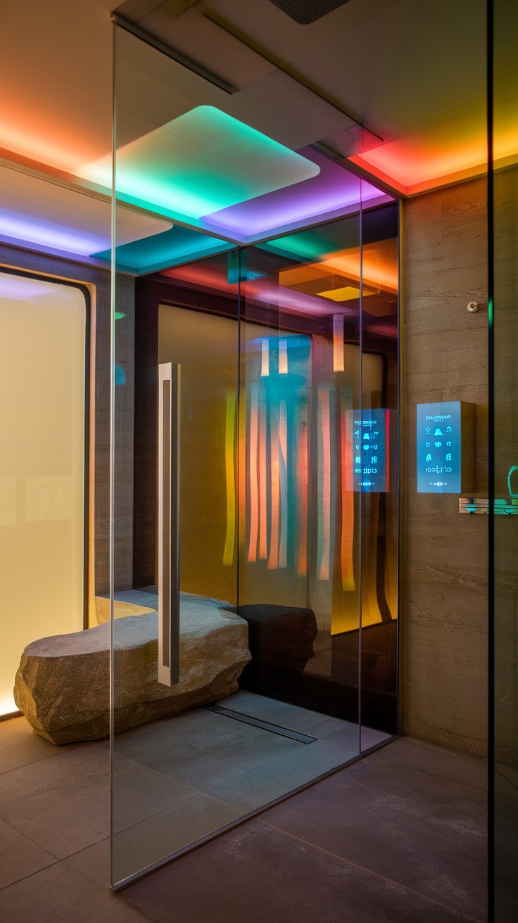 High-tech modern ensuite shower room with colorful lighting and smart controls