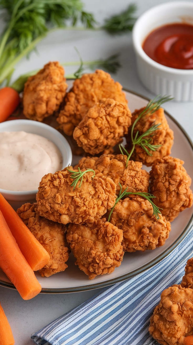 Plate of homemade chicken nuggets with carrots and dipping sauce