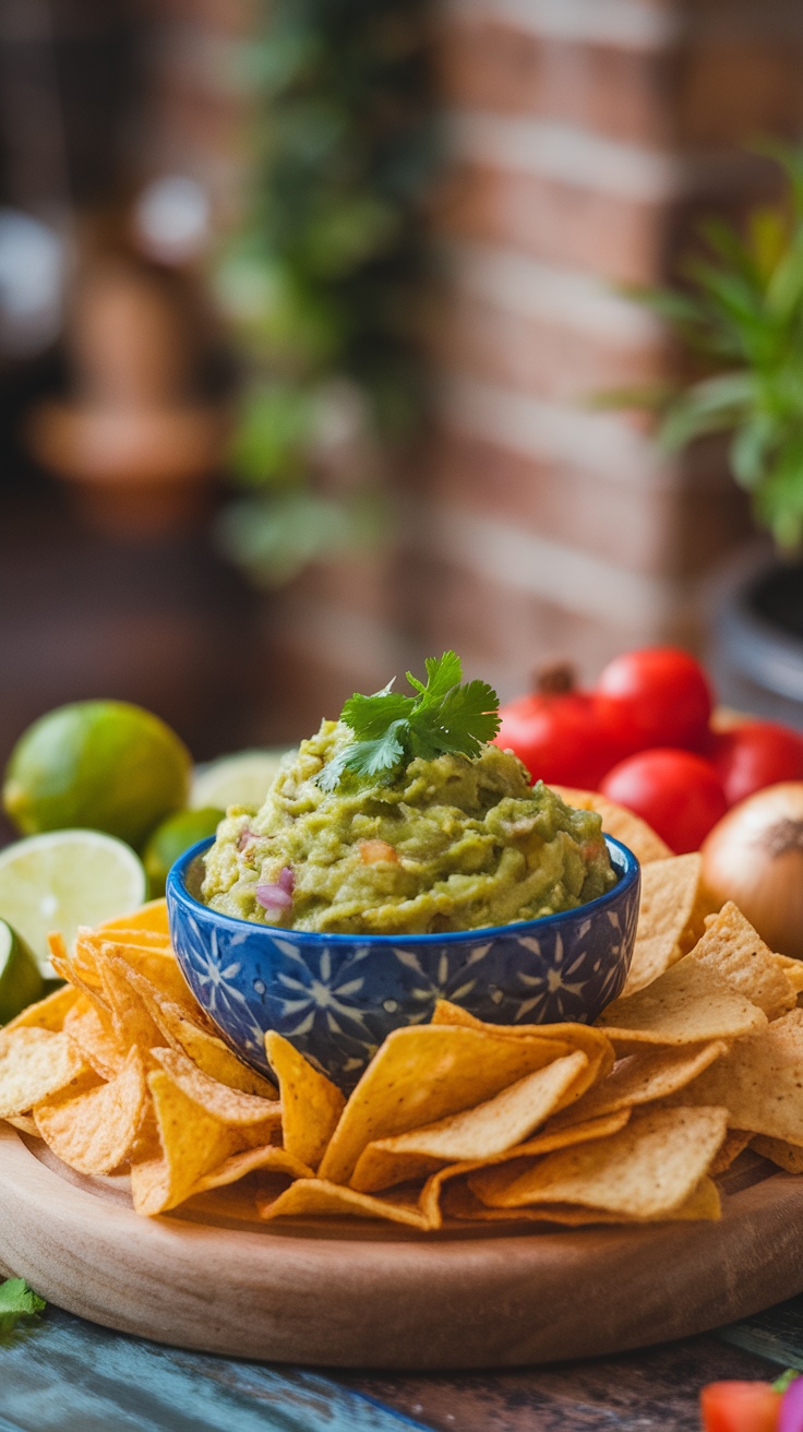 A bowl of homemade guacamole with tortilla chips, fresh tomatoes, limes, and onions in the background.