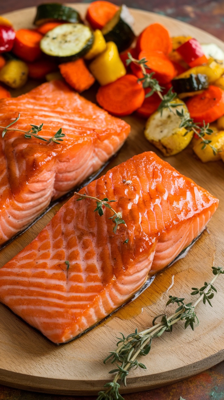 Delicious honey dijon glazed salmon with roasted vegetables on a wooden platter