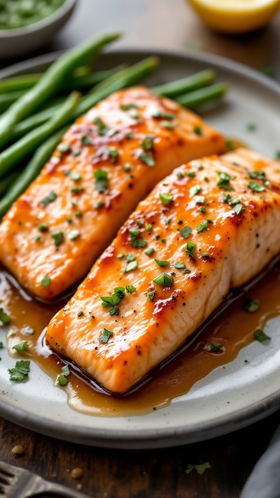 Honey garlic glazed salmon with green beans, garnished with herbs