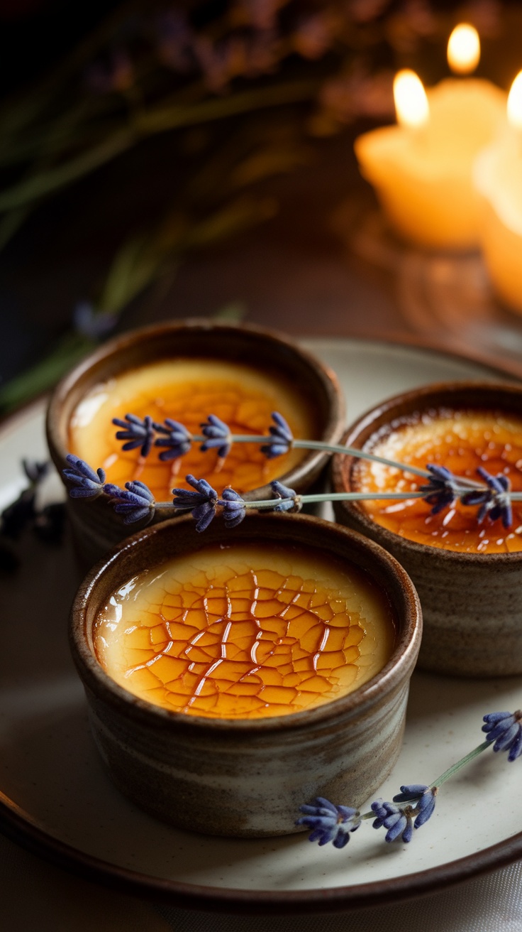 Honey Lavender Crème Brûlée with lavender sprigs