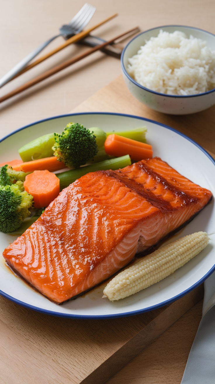 Deliciously glazed salmon served with vegetables and rice