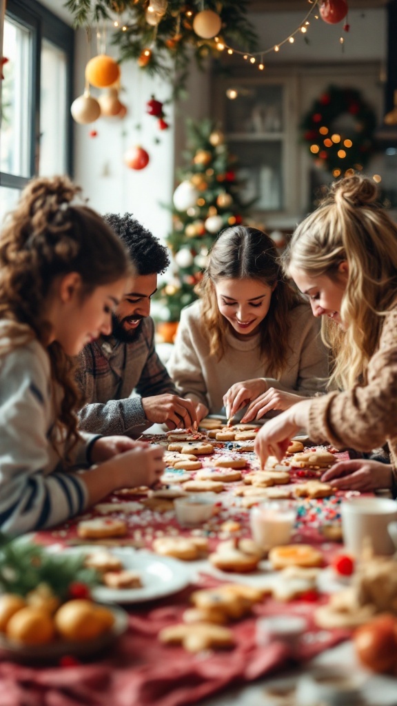 Friends decorating Valentine sugar cookies at a festive table