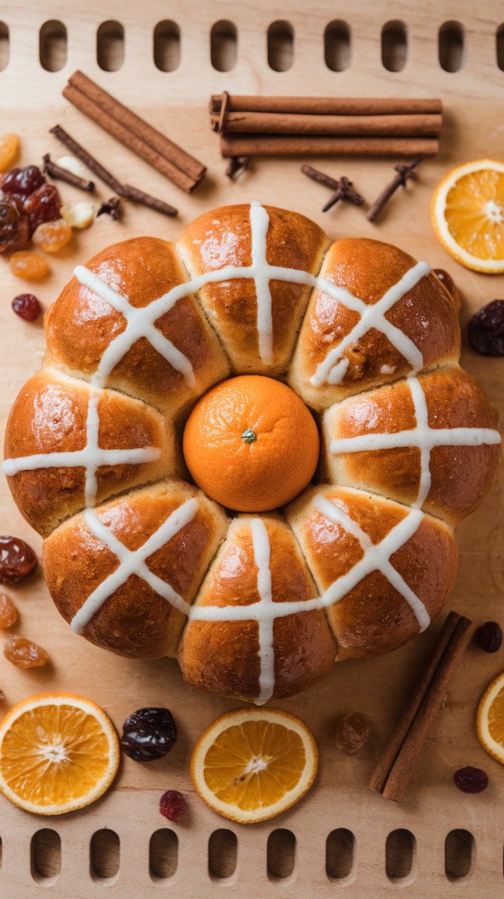 Delicious hot cross buns arranged beautifully with spices and oranges