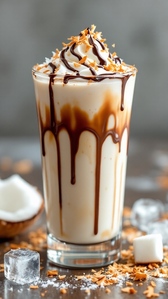 A delicious iced coconutmilk mocha macchiato topped with whipped cream and chocolate drizzle.