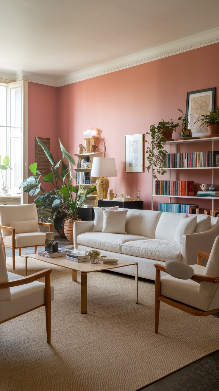 A stylish living room featuring a modern sofa, wooden chairs, plants, and decorative items.