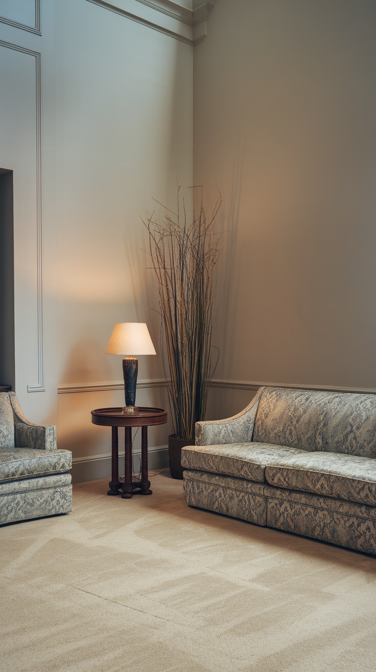 A cozy living room setup featuring two patterned chairs and a matching sofa, with a wooden side table and decorative elements.