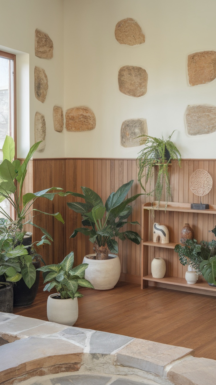 A cozy room featuring various plants, wooden accents, and natural stone walls.