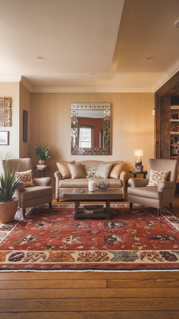 Cozy living room with area rug, seating, and decor items.
