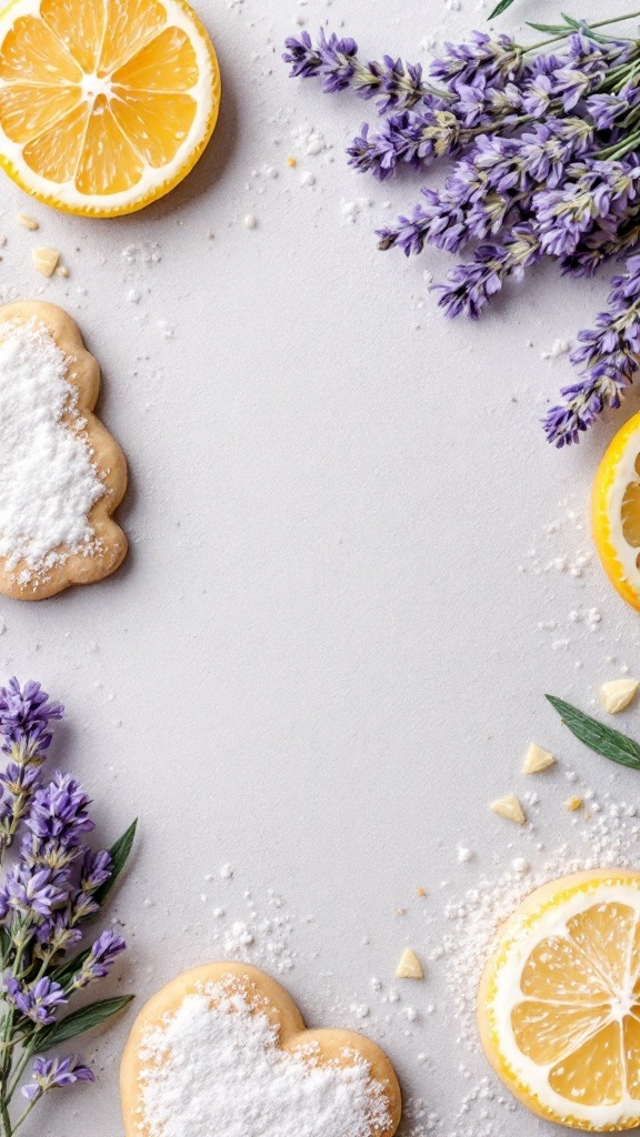 Heart-shaped sugar cookies decorated with royal icing, surrounded by lemon slices and lavender flowers.